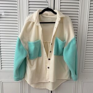 Cream and Teal Button-Up Fleece Jacket